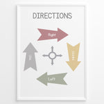 Ladda upp bild till gallerivisning, Educational poster with pastel arrows labeled Up, Down, Left, and Right around a small compass icon, framed as children’s learning wall art.
