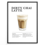 Ladda upp bild till gallerivisning, Illustrated Dirty Chai Latte recipe poster with chai tea, steamed milk, and espresso.
