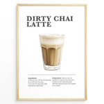Ladda upp bild till gallerivisning, Illustrated Dirty Chai Latte recipe poster with chai tea, steamed milk, and espresso.
