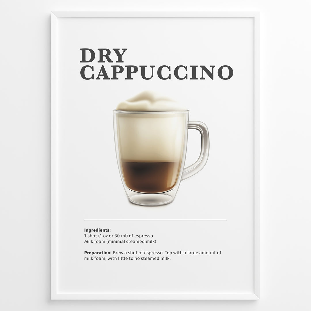 Illustrated Dry Cappuccino recipe poster with espresso topped with thick milk foam in a clear cup.
