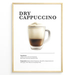 Ladda upp bild till gallerivisning, Illustrated Dry Cappuccino recipe poster with espresso topped with thick milk foam in a clear cup.

