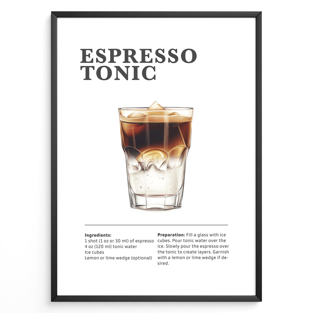 Espresso Tonic recipe poster with layered espresso over tonic water in a glass with ice.