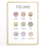 Ladda upp bild till gallerivisning, Educational poster with illustrated emotion faces labeled Angry, Happy, Silly, Excited, Scared, Sad, Bored, Calm, and Surprised, framed as kids’ feelings chart wall art.
