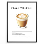Ladda upp bild till gallerivisning, Flat White coffee recipe poster with a glass cup of espresso and microfoam latte art.
