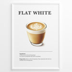 Ladda upp bild till gallerivisning, Flat White coffee recipe poster with a glass cup of espresso and microfoam latte art.
