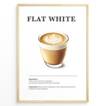 Ladda upp bild till gallerivisning, Flat White coffee recipe poster with a glass cup of espresso and microfoam latte art.
