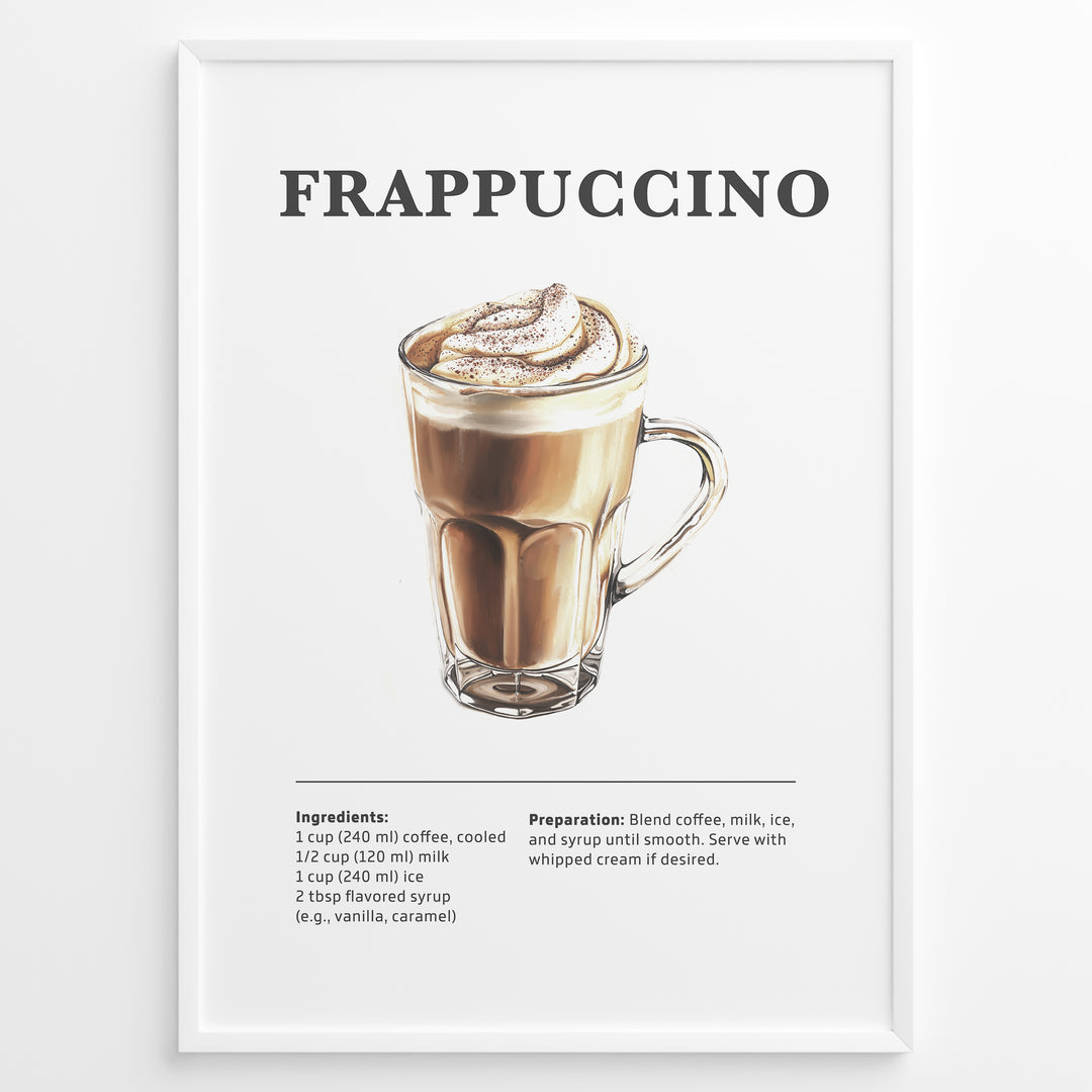 Frappuccino recipe poster with a glass mug of blended iced coffee topped with whipped cream.