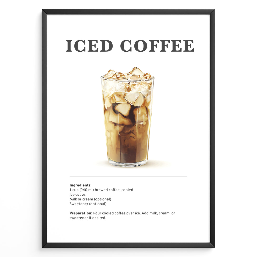 Iced coffee recipe poster with a tall glass of iced brewed coffee.