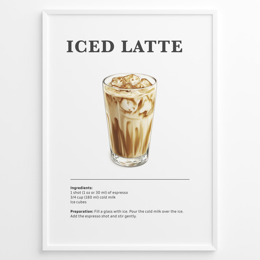 Iced latte recipe poster with a glass of iced espresso and milk.