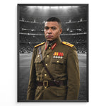 Ladda upp bild till gallerivisning, Satirisk kunstplakat med Kylian Mbappé i et fiktivt diktator-inspireret militæruniform foran et stadion
