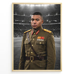 Ladda upp bild till gallerivisning, Satirisk kunstplakat med Kylian Mbappé i et fiktivt diktator-inspireret militæruniform foran et stadion
