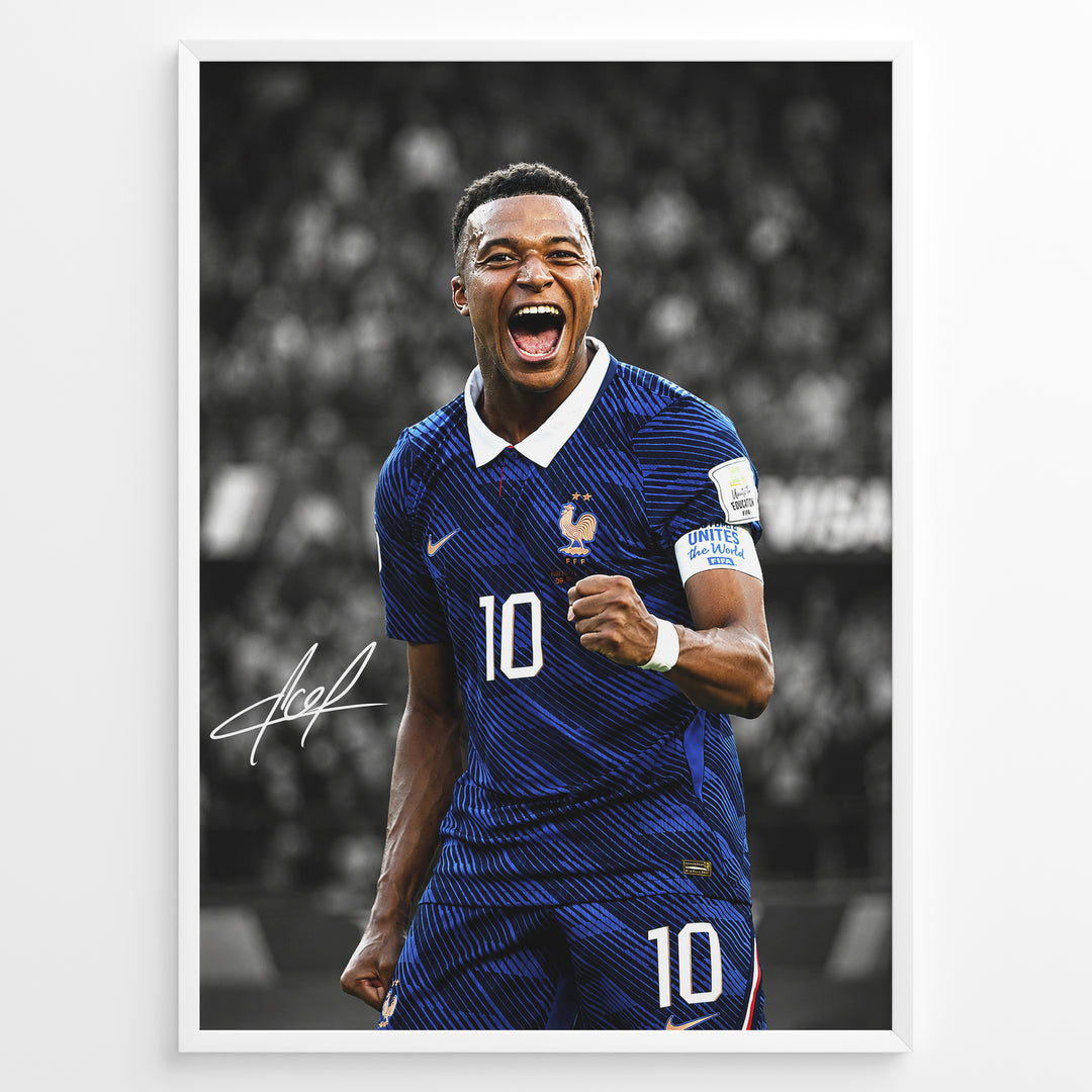 Kylian Mbappé plakat i Frankrigs landsholdstrøje med moderne sort-hvid baggrund og blå detaljer