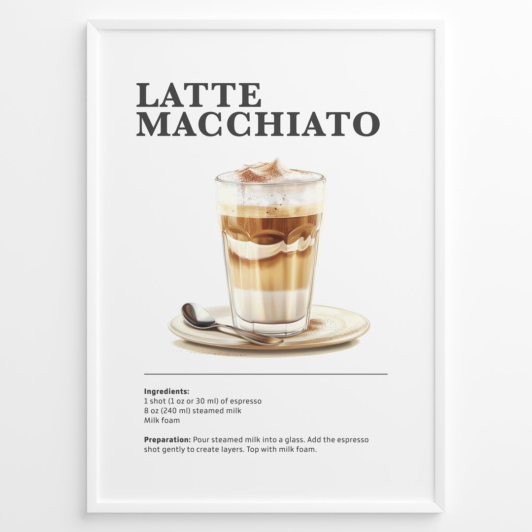 Latte Macchiato recipe artwork with a layered coffee glass, saucer, and spoon.