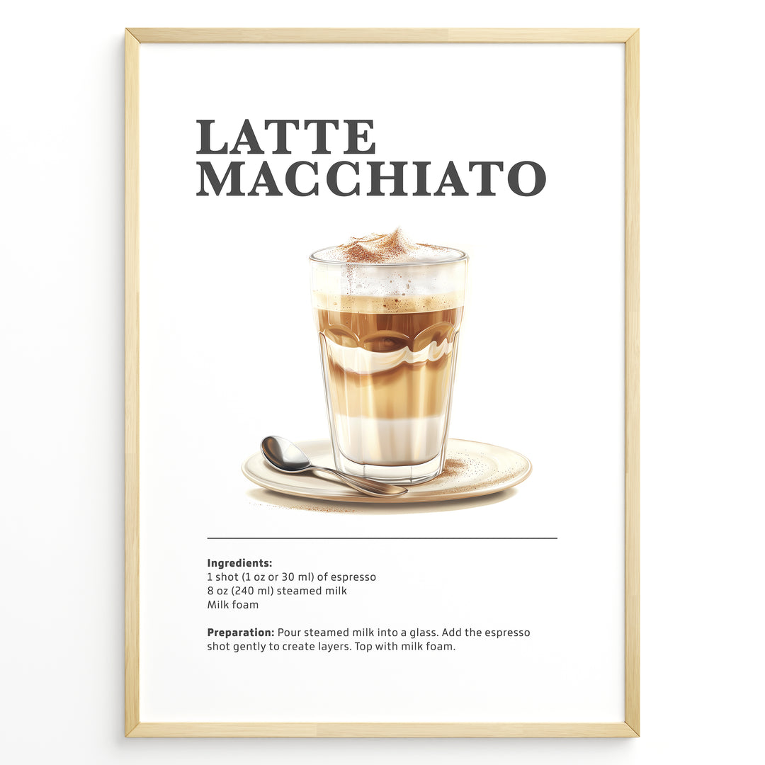 Latte Macchiato recipe artwork with a layered coffee glass, saucer, and spoon.
