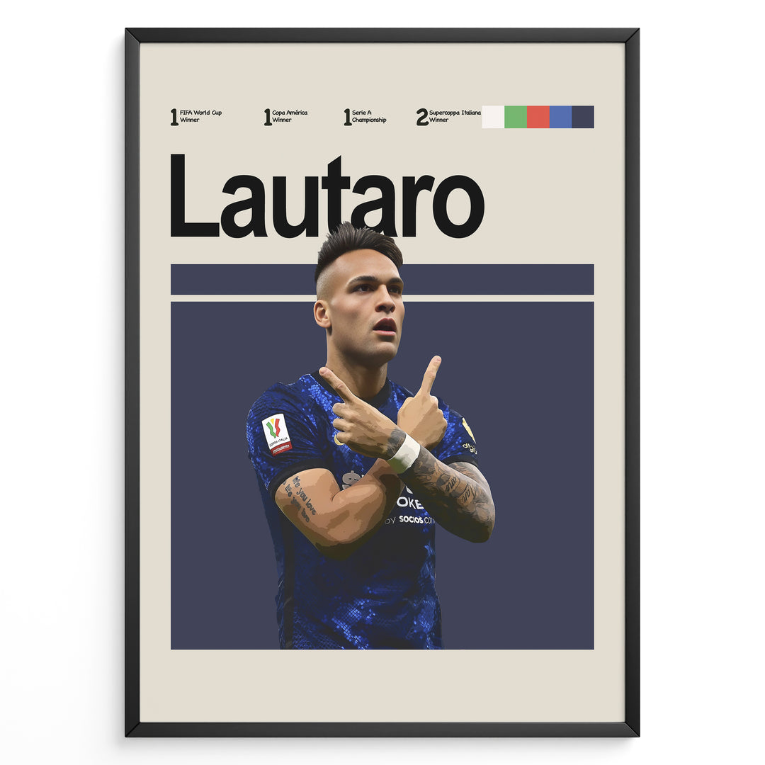 Poster featuring a football player in a blue jersey posing with crossed arms, with bold text at the top and a clean graphic layout, framed as modern sports wall art.