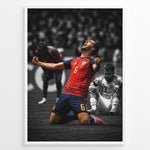 Ladda upp bild till gallerivisning, Mikel Merino plakat i Spaniens landsholdstrøje med moderne sort-hvid baggrund og jubelscene

