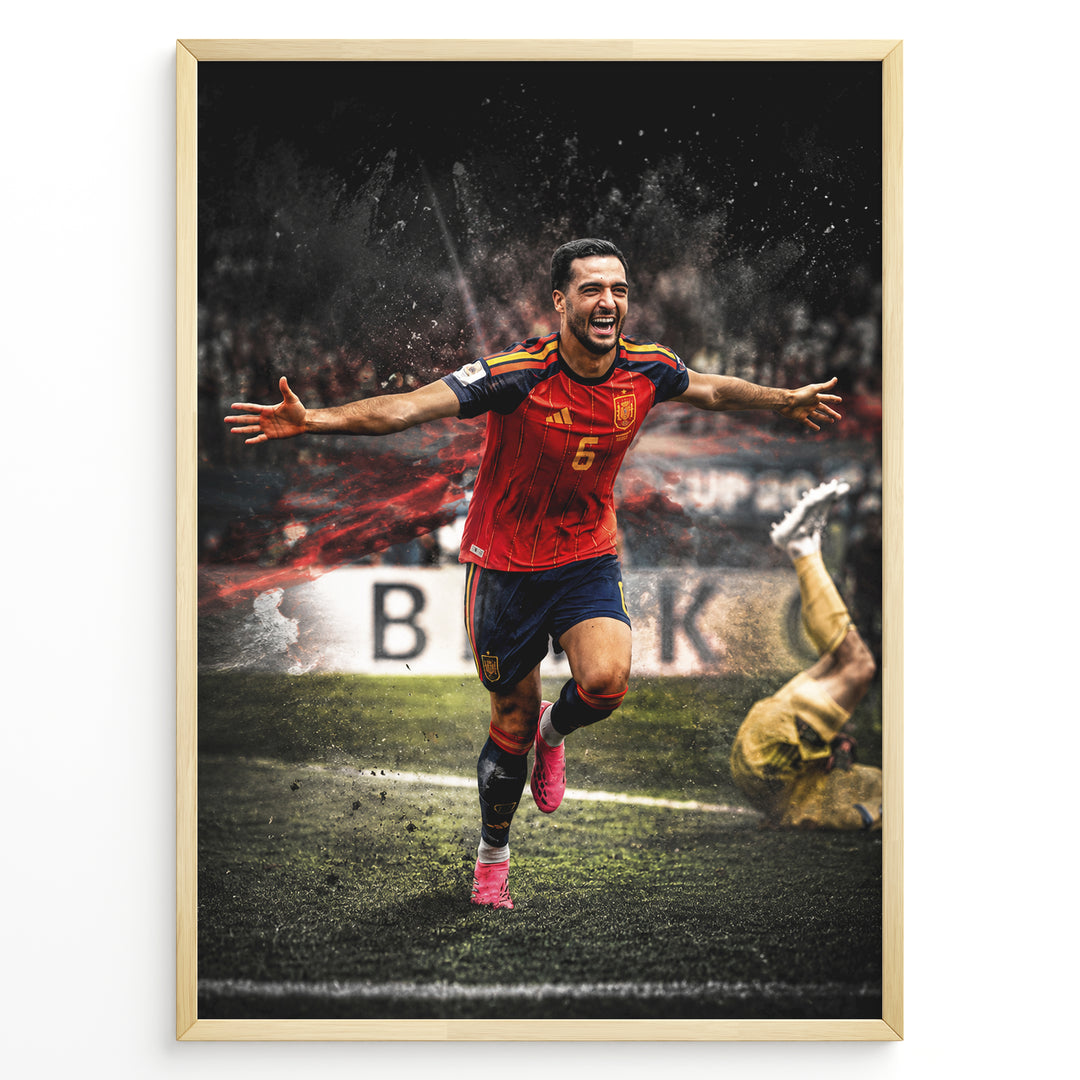 Mikel Merino plakat i Spaniens landsholdstrøje med moderne sort-hvid baggrund og jubelscene