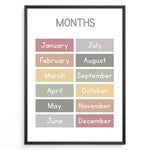 Ladda upp bild till gallerivisning, Pastel-colored months-of-the-year poster showing January through December in soft color blocks, framed as children’s educational wall art.
