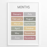 Ladda upp bild till gallerivisning, Pastel-colored months-of-the-year poster showing January through December in soft color blocks, framed as children’s educational wall art.
