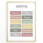 Ladda upp bild till gallerivisning, Pastel-colored months-of-the-year poster showing January through December in soft color blocks, framed as children’s educational wall art.
