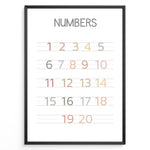 Ladda upp bild till gallerivisning, Pastel-colored number poster showing numbers 1 to 20 arranged on handwriting lines, framed as children’s educational wall art.
