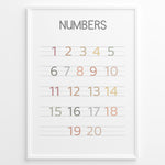 Ladda upp bild till gallerivisning, Pastel-colored number poster showing numbers 1 to 20 arranged on handwriting lines, framed as children’s educational wall art.
