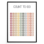 Ladda upp bild till gallerivisning, Pastel-colored number chart showing numbers 1 to 100 in a neat grid, framed as children’s educational counting wall art.
