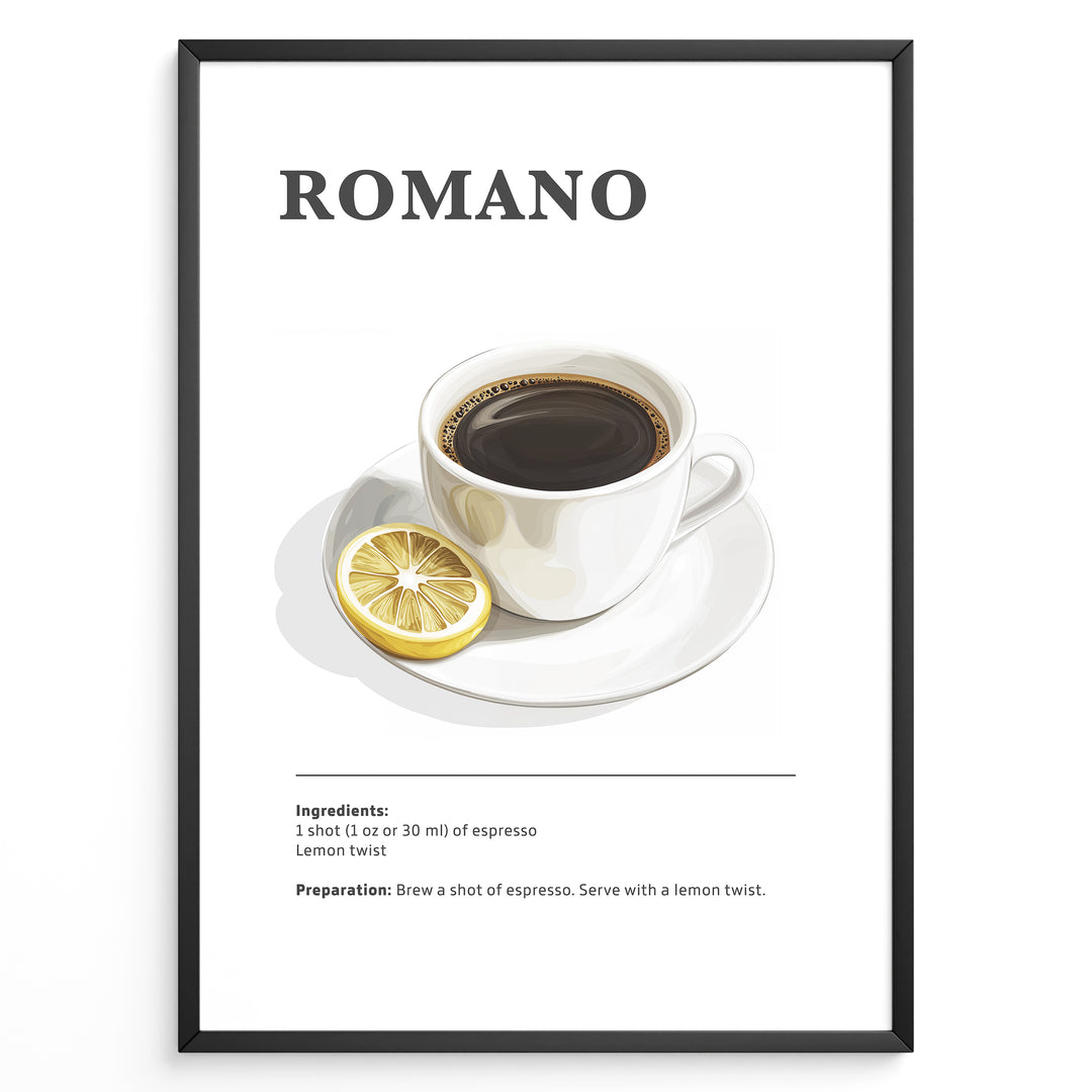 Minimalist Romano coffee recipe illustration with a cup of espresso and a lemon slice.