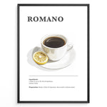 Ladda upp bild till gallerivisning, Minimalist Romano coffee recipe illustration with a cup of espresso and a lemon slice.
