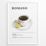 Ladda upp bild till gallerivisning, Minimalist Romano coffee recipe illustration with a cup of espresso and a lemon slice.
