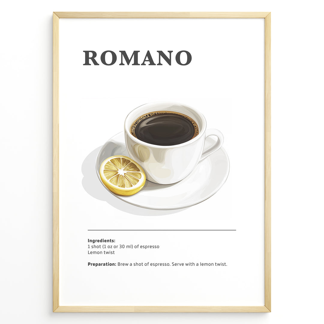 Minimalist Romano coffee recipe illustration with a cup of espresso and a lemon slice.