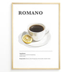 Ladda upp bild till gallerivisning, Minimalist Romano coffee recipe illustration with a cup of espresso and a lemon slice.
