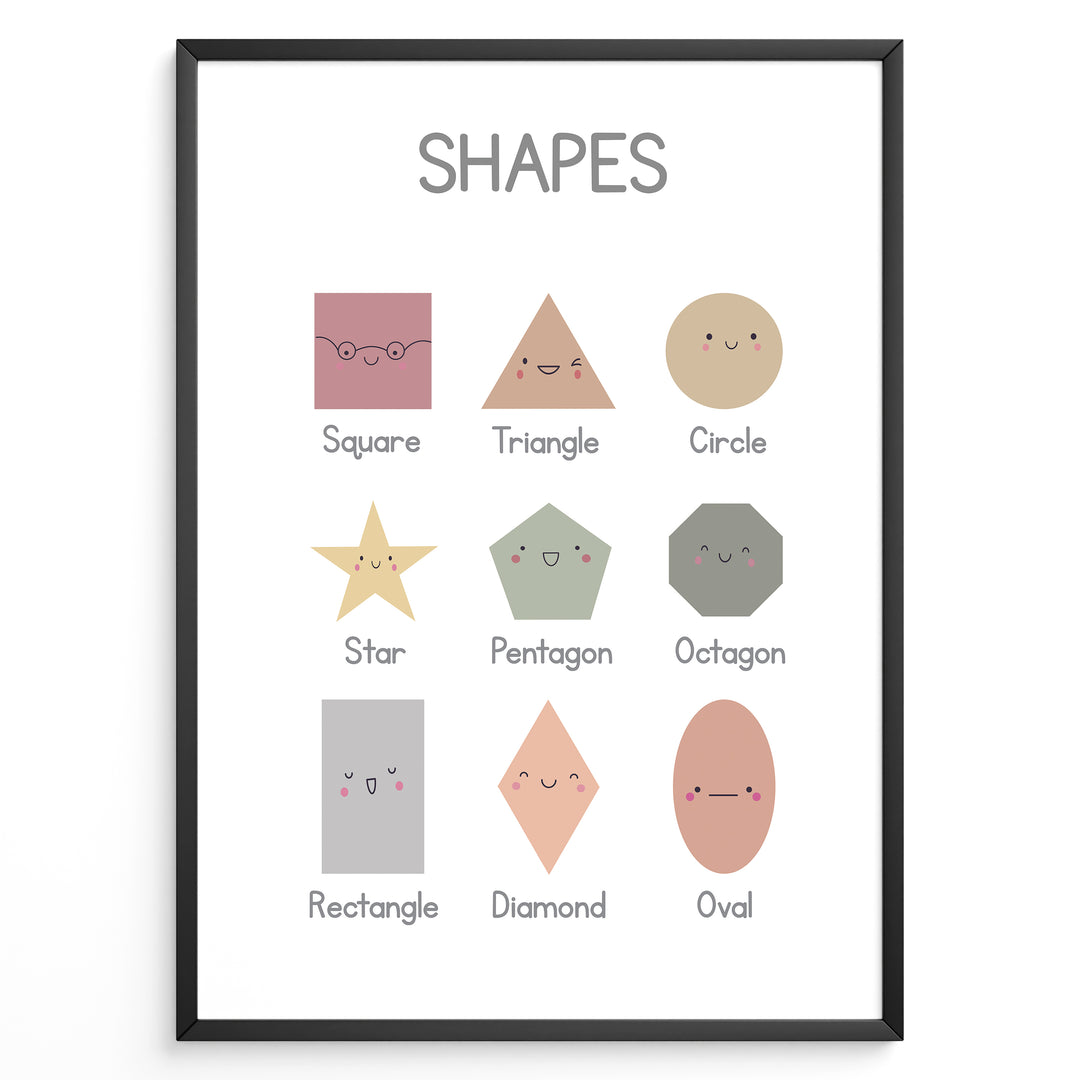 Educational shapes poster showing Square, Triangle, Circle, Star, Pentagon, Octagon, Rectangle, Diamond, and Oval with cute smiling faces, framed as children’s learning wall art.