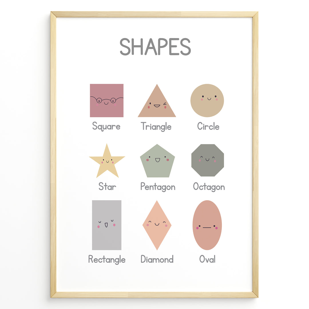 Educational shapes poster showing Square, Triangle, Circle, Star, Pentagon, Octagon, Rectangle, Diamond, and Oval with cute smiling faces, framed as children’s learning wall art.