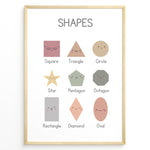 Ladda upp bild till gallerivisning, Educational shapes poster showing Square, Triangle, Circle, Star, Pentagon, Octagon, Rectangle, Diamond, and Oval with cute smiling faces, framed as children’s learning wall art.
