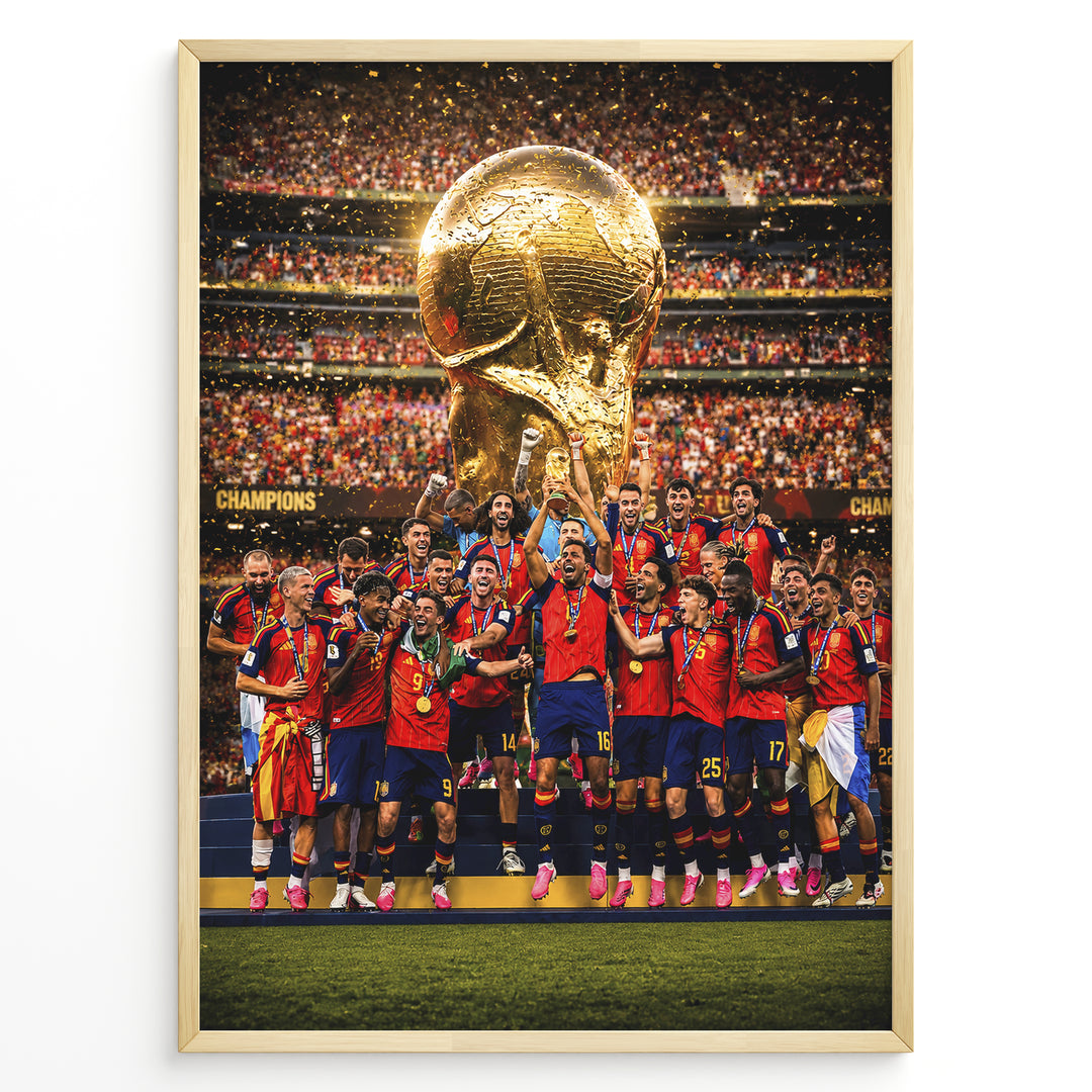 Spanien Verdensmester plakat med hele landsholdet og VM-trofæet under mesterskabsfejringen i 2026