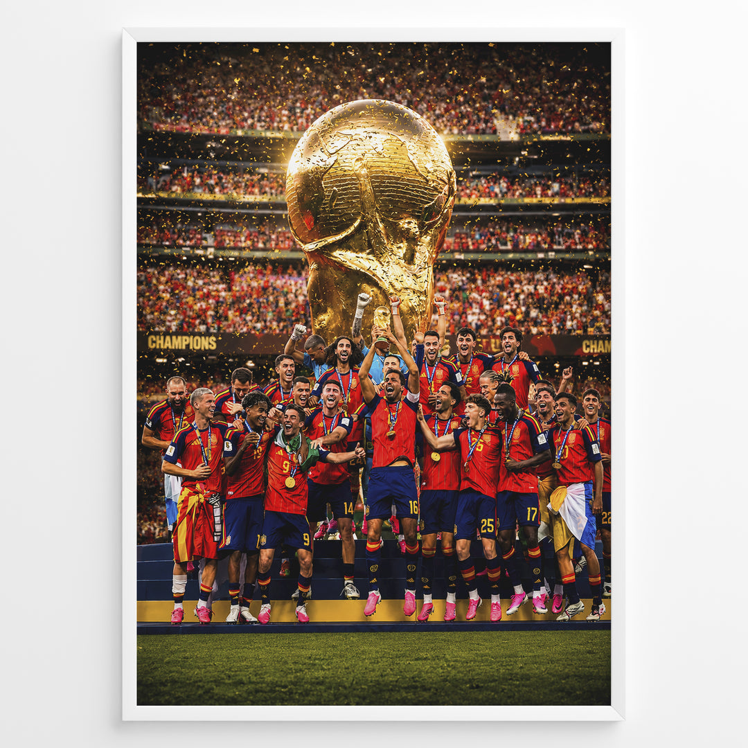 Spanien Verdensmester plakat med hele landsholdet og VM-trofæet under mesterskabsfejringen i 2026